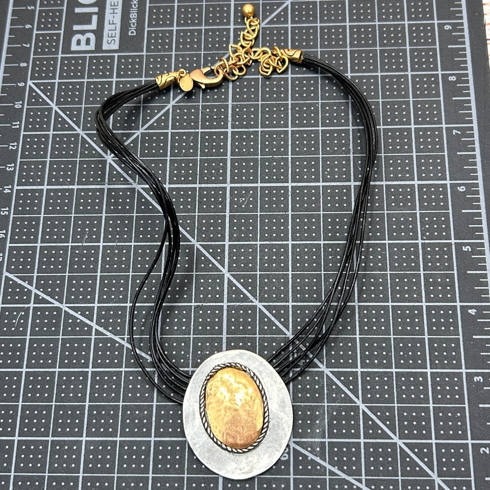 Chicos Mixed Metal Hammered Pendant Multi Strand Cord Statement Necklace